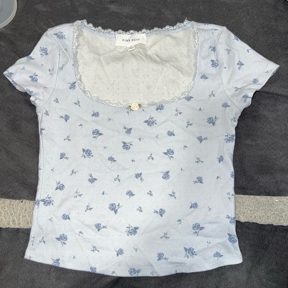Pink Rose Blue Fitted Blouse with Lace Trim - Picture 1 of 1
